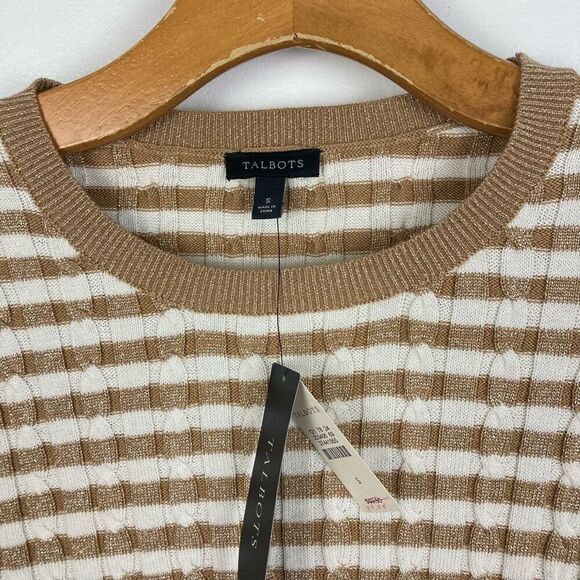 Talbots Metallic Gold Striped Cable Knit Pullover Sweater Crew Neck Shimmer sz S - Picture 2 of 7